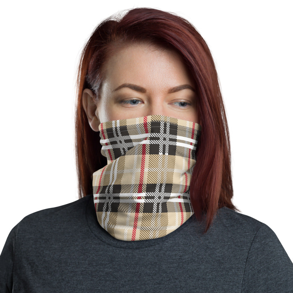 Tan plaid neck gaiter and face mask